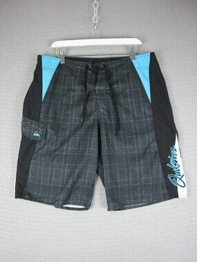 Y2K Plaid Surf Panel Quiksilver Boardshorts Size 36 Blue Vintage Rare